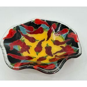 Peggy Karr Glass Fused Glass Crimped Bowl Red Peppers 8" Vintage Southwestern